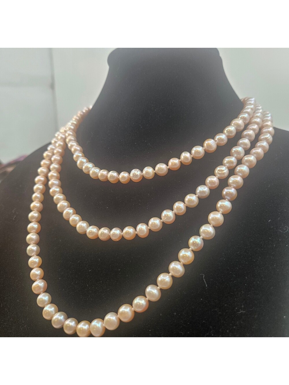 Vintage Light Pink Glass Faux Pearl Endless Knotted Necklace 62" 5mm